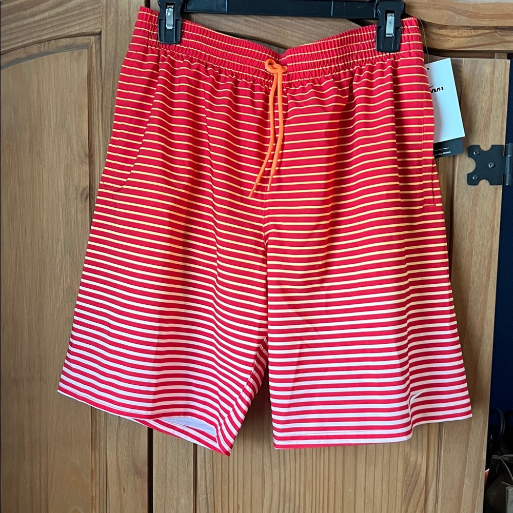 Nike Red Yellow and White Striped Swim Shorts